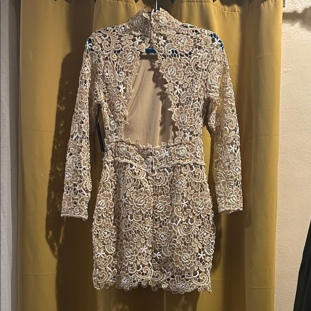VENUS Lace Long Sleeve Dress in Cream and Gold with Expose back. Nude liner - Picture 3 of 11